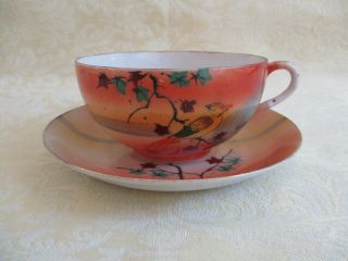 Vintage Japan Porcelain Hand Painted Orange With Bird Cup And Saucer