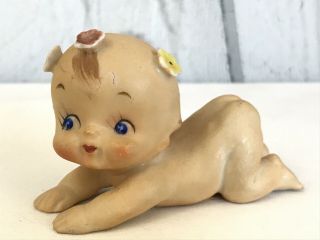 Vintage Lefton Kewpie Baby Doll Bisque Porcelain Figurine W/ Flowers In Hair