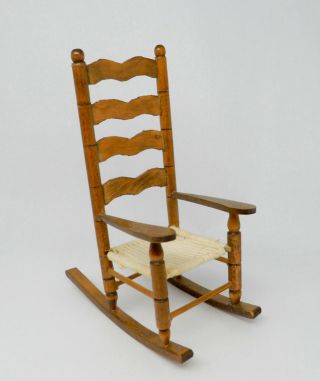 Vintage Wooden Rocking Chair With Rush Seat Dollhouse Miniature 1:12