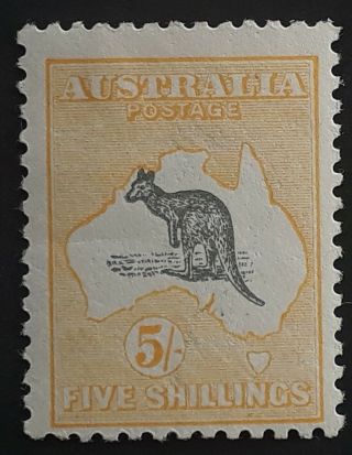 Rare 1918 Australia 5/ - Grey & Pale Yellow Kangaroo Stamp 3rd Wmk Die 2