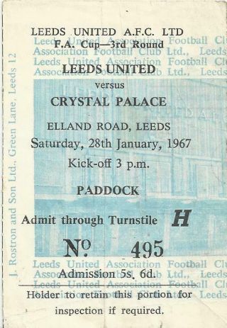 Rare Football Ticket Leeds United V Crystal Palace Fa Cup 3rd Round 1967