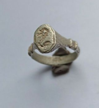 Very Rare Ancient Roman Silver Seal Ring With A Serpent On Bezel 200 - 300 Ad