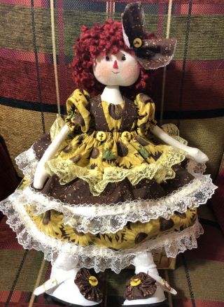 Sunflower Folk Art Primitive Raggedy Anne Cloth Doll