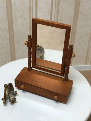 Dollhouse Miniature Artist Signed Cherry Dresser Top Mirror With Drawer 1:12