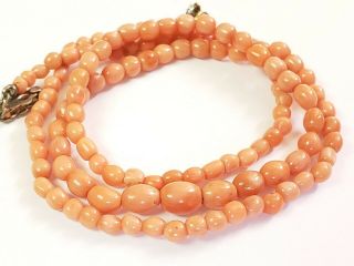 Antique Victorian Carved Salmon Coral 18 " Beaded Necklace W/ 14k Clasp - Repaired