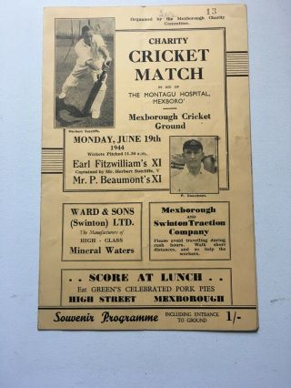 Rare Souvenir Programme.  1944 Charity Cricket Match,  Mexborugh Cricket Ground