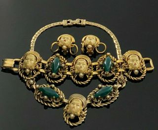 Vintage Selro Selini Asian Princess Faces Necklace Bracelet Earrings Set Rare 54