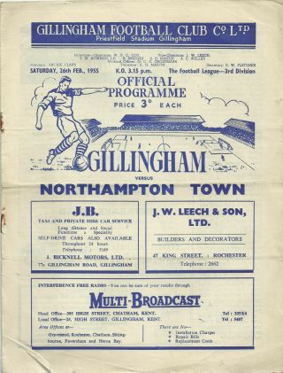 Rare Football Programme Gillingham V Northampton Town 1955