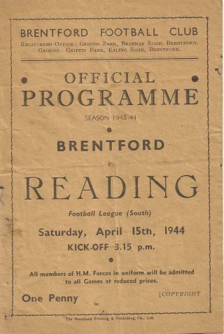 Rare Ww2 War - Time Football Programme Brentford V Reading 1944 (ve Day - 3 Weeks)