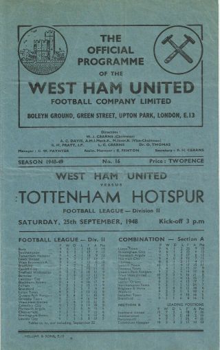 Rare Football Programme West Ham United V Tottenham Hotspur Division Two 1948