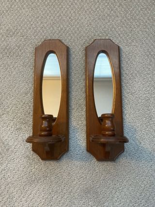 (2) Vintage Wooden Oval Mirrored Wall Candle Holder Sconces