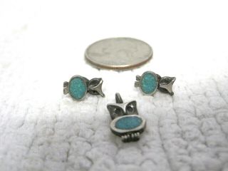 Vintage Turquoise Owl Tiny Pendant And Earrings Set - Fast
