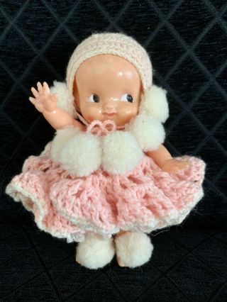 Vintage Irwin Celluloid Hard Plastic Kewpie Doll Pink Crochet Outfit & Hat 6.  5”