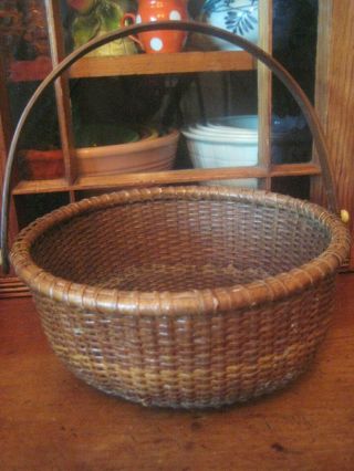 Antique Gathering Basket W Wood Base Hinged Handle 10 " Diameter