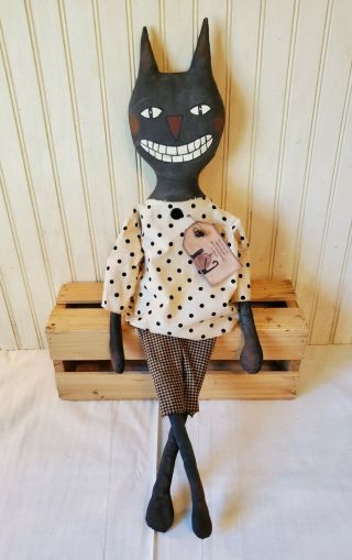 Primitive Grungy Old Timey Black Kitty Cat Halloween Doll