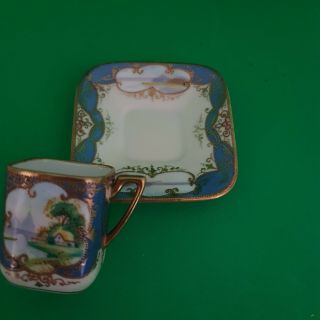 Square Exquisite Rare Noritake Hand Paintedgilded Pedestal Coffee Can And Saucer