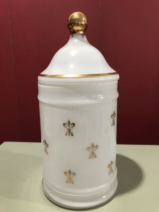 Vintage White Apothecary Jar With Lid,  Has Fleur De Lis In Gold