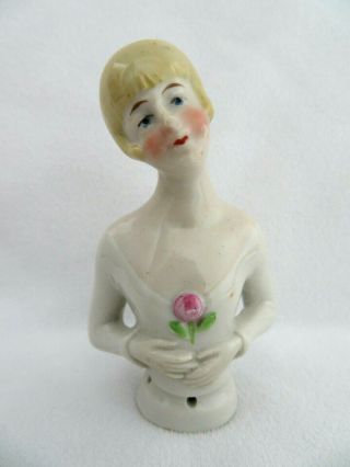 Vintage Porcelain Pincushion Half Doll Blonde Flapper W/ Pink Rose
