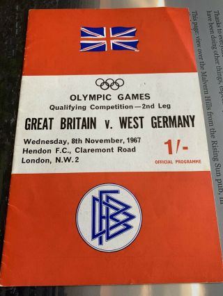Ultra Rare Olympic Qualifying Football Programme Gb V W Germany Hendon Fc 1967
