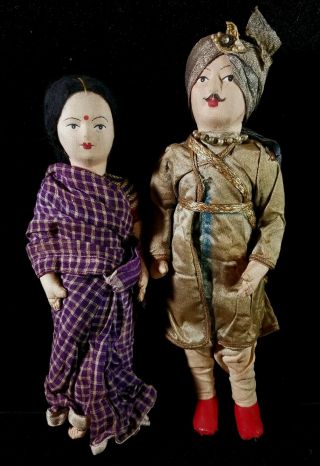 Vintage East Indian Pair Man & Woman Cloth Dolls By Khilowna 10 " & 11.  5 " Good