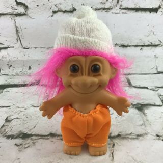 Vintage Russ Berrie Troll Figure Doll Pink Hair Orange Pants Hat Collectible Toy