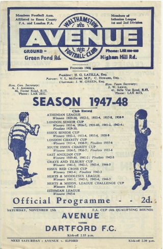 Rare Fa Cup Football Programme Walthamstow Avenue V Dartford 1947