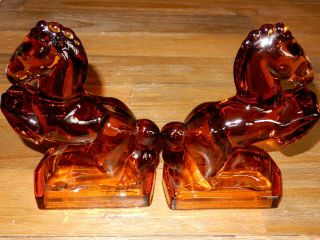 Le Smith Amberina Glass Horse Bookends Set Of 2 Vintage Mid - Century Mcm
