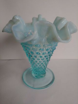 Vintage Fenton Aqua Blue White Opalescent Hobnail Vase 5.  75 " Tall Ruffled Edges