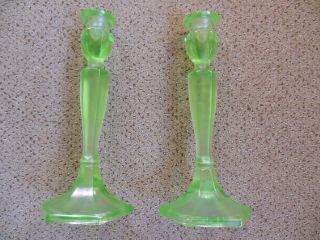 Vintage Fenton Very Rare Iridescent Florentine Green Stretch Glass Candlesticks
