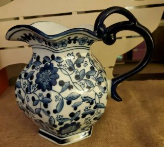 Vintage Antique Porcelain Pitcher White With Blue Flowers,  Marked 21,  8 " Tall