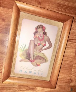 Vintage Aloha From Hawaii Postcard Wood Framed Art Print W/ Hula Girl 8”