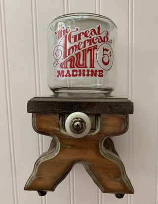 Antique The Great American Nut Machine 5c Wood Pull Vintage Dispenser Glass Jar