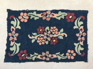 Antique American Hand Hooked Rug Folk Art Textile Dark Blue W/flowers Cottage