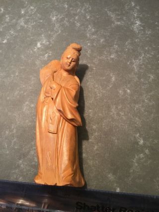 Wood Carving Asian Lady With Lotus Leaf Old Rare