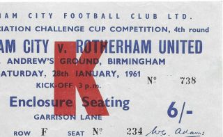 1960/61 Ticket Stub.  Birmingham City V Rotherham United.  Fa Cup 4th Rd.  Rare