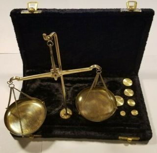 Vintage Antique Brass Jewellery Scale W/velvet Box & Weight Balance