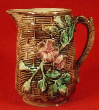 Small Antique Majolica Pitcher Wild Rose Over Brown Basket Weave