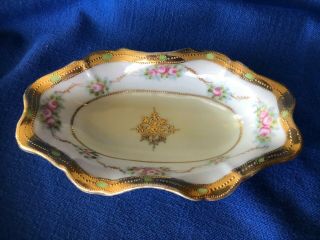 Antique Hand - Painted Nippon Rose Floral Gold Beaded Oval Candy/nut Dish 7 1/2 "