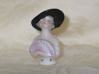 Miniature Antique Vtg German Porcelain Half Doll Marked - Victorian Woman - Fan 2.  25