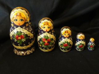 Set 5 Vintage Russian Handpainted Wooden Stacking/nesting Dolls Marked