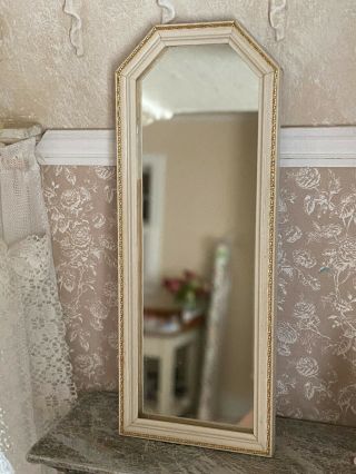 Vintage Miniature Dollhouse Artisan Wood Wall Floor Mirror Ivory Gold Trim Decor