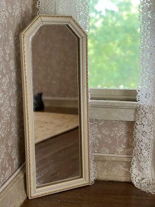 Vintage Miniature Dollhouse Artisan Wood Wall Floor Mirror Ivory Gold Trim Decor 2