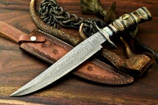 Rare Custom Handmade Damascus Hunting Knife | Eangraved Camel Bone