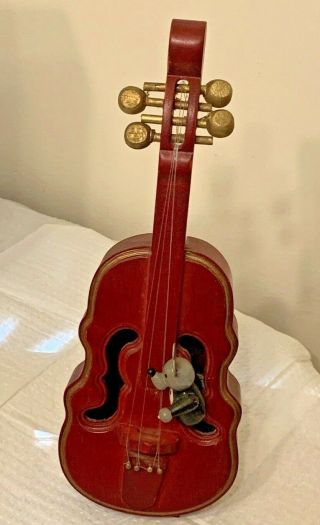 Antique Mouse Playing Upright Bass Cello Wooden Music Box 10”