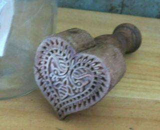 Heart & Honey Bees Carved Primitive Farmhouse Wood Butter Mold Stamp Press