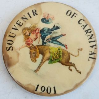 1901 Souvenir Of Carnival Advertising Pocket Mirror Celluloid Antique 2 " Rare