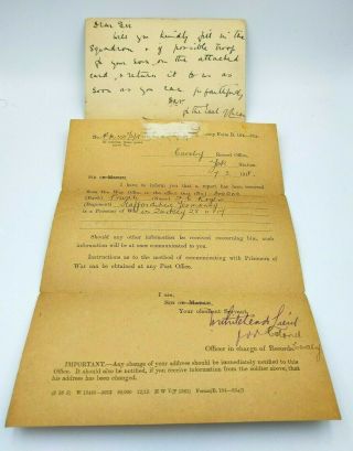 Rare Ww1 Paperwork Pte Rogers Staffordshire Yeomanry Prisoner Of War & Casualty