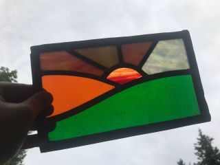 Small Stained Glass Window Art Hanging Metal Frame 10”x6” Square Panel