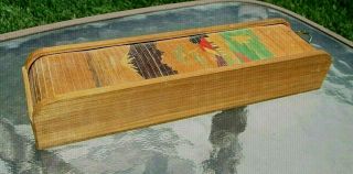 Antique Vintage Wooden Pencil Box With Roll Top Made In Japan Handpainted