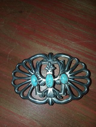 Rare Vintage Navajo Turquoise Sand Cast Sterling Silver Belt Buckle Old Pawn